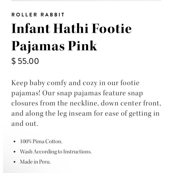 Roberta Roller Rabbit Pink "Hathi Elephant" Soft Pima Cotton Footie Sleeper 3-6m - Picture 8 of 10